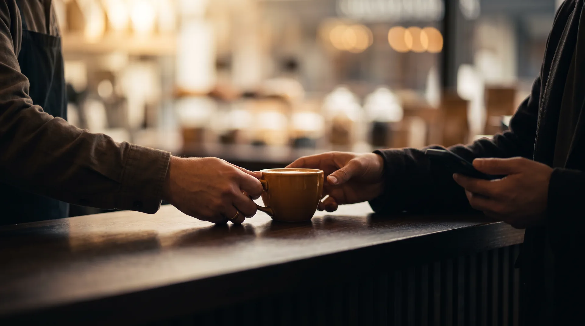 Two pairs of hands meeting over a counter as a cup is passed across