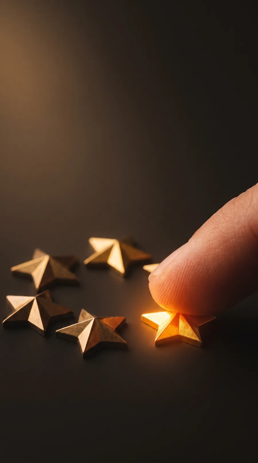 A fingertip pressing the last of five gold stars